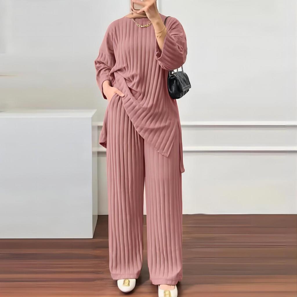 2023 Autumn/Winter Women's Long-Sleeve Top & Wide-Leg Pants Solid Color 2-Piece Casual Sportswear Set