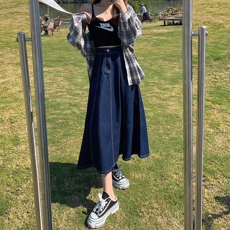 Весна Осень Женская Мода Повседневная Джинсовая Юбка с Высокой Талией Миди А-силуэта