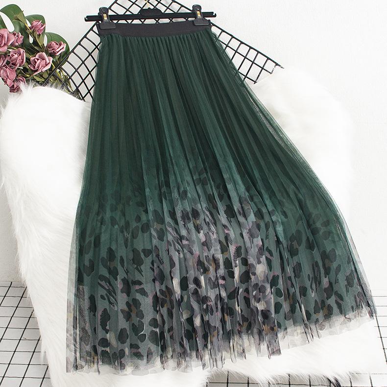 Women Autumn Winter Vintage Skirts Lady Leopard High Waist A-Line Mid-long Female Casual Slim Pleated Skirt