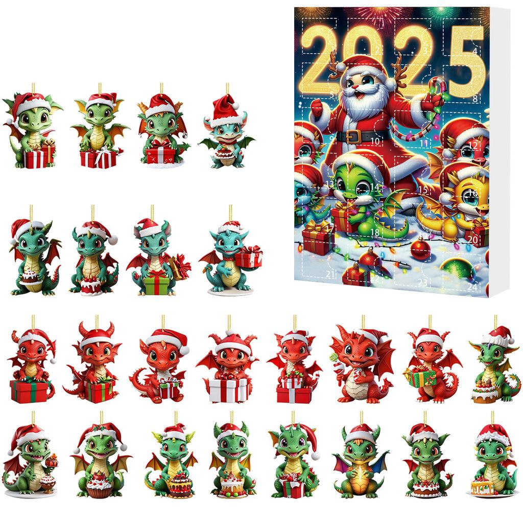 24-Days Christmas Tree Decorations with Santa Hats Cute Dragon Countdown Calendar Mini Xmas Tree Dragon Pendant for Home Decor