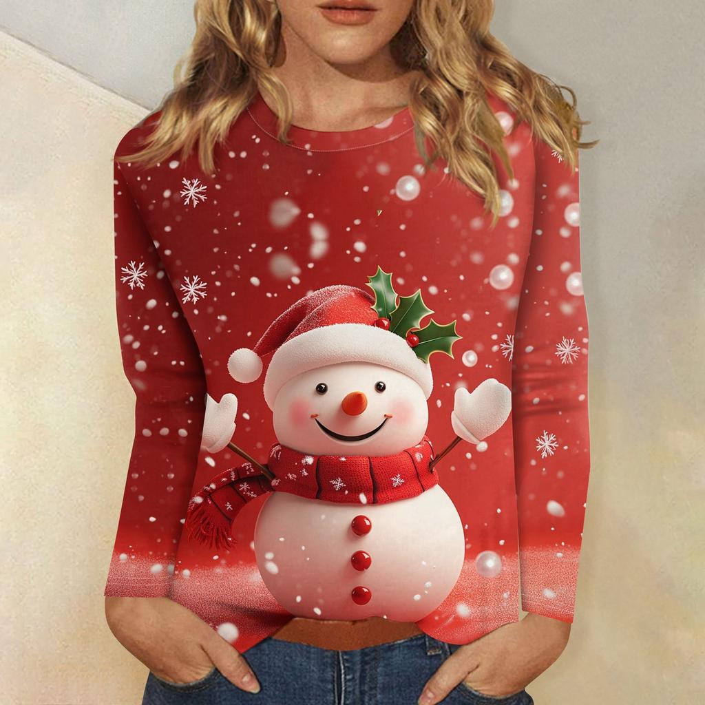 Рубашки с длинным рукавом для женщин Милые принты Футболки Блузки Повседневные Большие размеры Базовые топы Пуловеры Рождественские