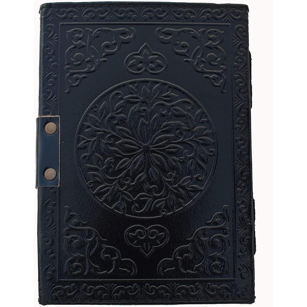 HANDMADE Antique Black Leather Diary - Triple Moon Embossed Journal with Stone and 200 Unruled Pages