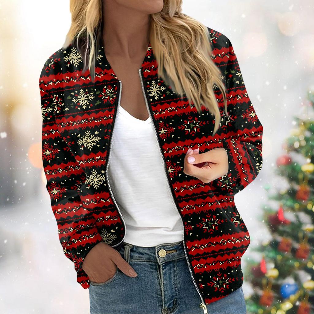 Женская легкая короткая куртка с длинными рукавами на молнии с принтом, повседневная стеганая куртка с карманами, рождественская