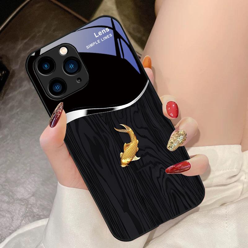 Дерево Зерно Рыба Прыжок в Небо для IPhone 15 Pro 14 13 12 Mini 11 XS Max XR 7 8 Plus SE 2020 2022 Закаленное Стекло Чехол для Телефона
