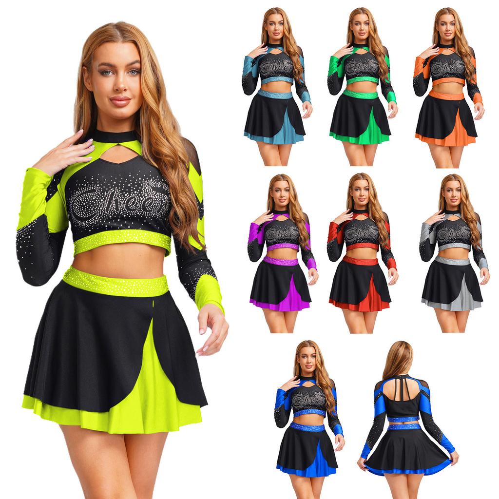 Комплект из 2 предметов: форма для танцев и черлидинга для женщин S-XXL: Привлекающий внимание топ со стразами и контрастная юбка для сцены или Хэллоуина