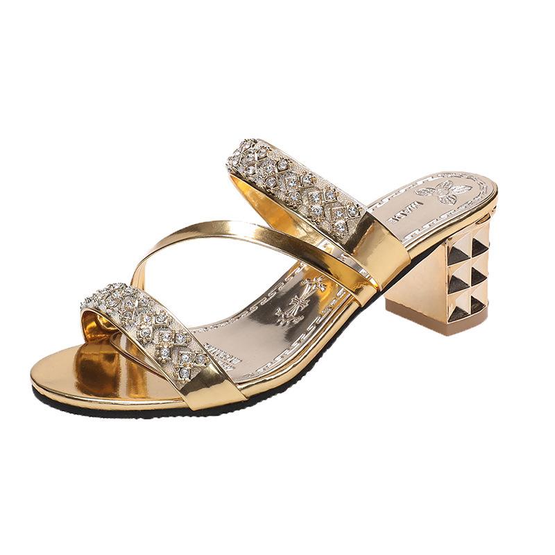 Summer Women's Sandals and Slippers with Medium Heel Thick Heel Women's Slippers with Open Toe High Heel Rhinestones