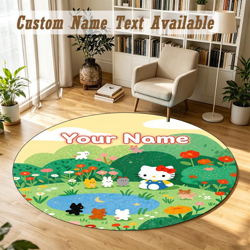 Hello Kitty Personalized Round Rug Support Custom Name, Soft Home Decor Mat