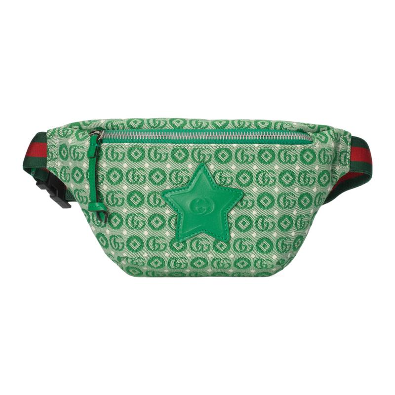 Gucci Interlocking double G printed star logo zipper all over shoulder crossbody bag children's bag cotton waist bag children's green