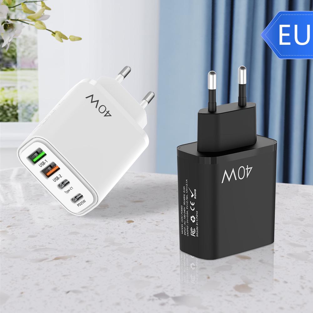 Мобильное зарядное устройство PD40W: Быстрая зарядка QC3.0, многопортовый 2U+2C, стандарты ЕС/Великобритании