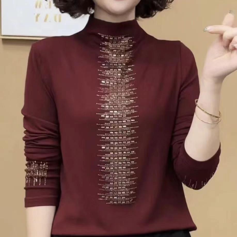 Женская базовая футболка с полувысоким воротником Новая Весенняя и Осенняя Приталенная Универсальная Футболка с Длинным Рукавом Двусторонняя Бархатная Внутренняя Рубашка