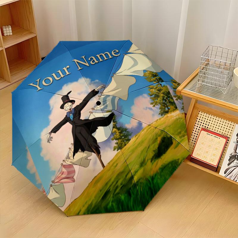 Custom Text Automatic 8 Bone Umbrella, Portable Sun Rain Protection UmbrellaHowl's Moving Castle