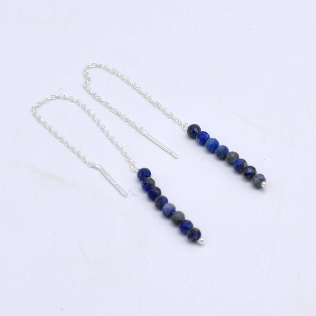 Lapsi Lazuli 925 Silver Threader Earrings, Natural Gemstone Women Handmade Fringe Earrings