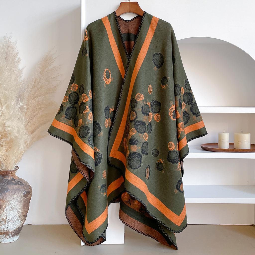 Fashion Winter Cashmere Shawl For Women - Floral Oil Painting Printed Pashmina Thick Scarf, Warm Wrap & Echarpe Poncho