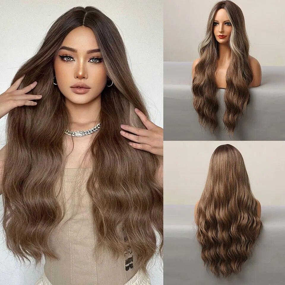 Длинные коричневые синтетические парики с эффектом омбре для женщин, волнистые парики из натуральных волос, средняя часть, женский парик, косплей, термостойкие волокна, парики