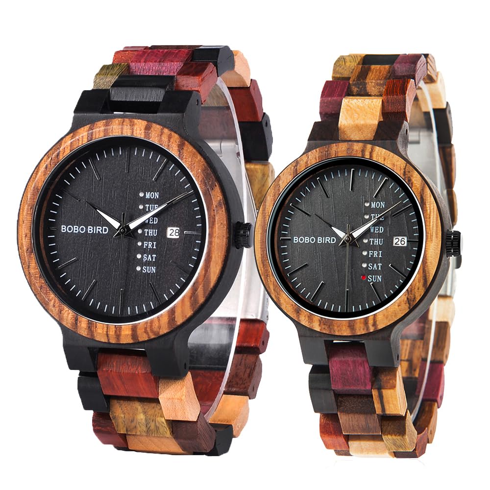 BOBO BIRD Wooden Watch Colorful Wood Watch Day Date Display Multifunctional Handmade Quartz Watch Sports Chronograph Unique Men's Women's (Couple)