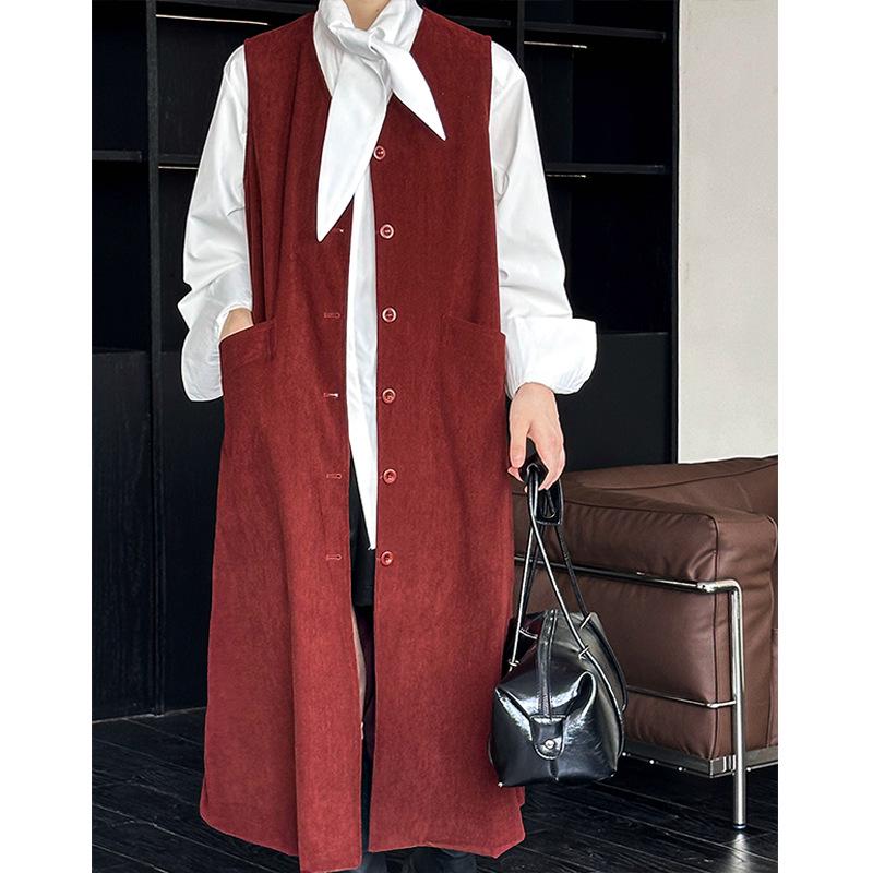 Autumn 2024 Orange Zhi Korean Style Red Single-Breasted Mid-Length Vest with Large Pockets