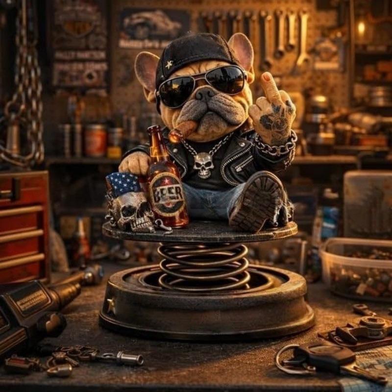 Biker French Bulldog Car Dashboard Decor,Shaking Spring Bulldog Figurine,Retro Motorcycle Style Resin Ornament for Car Home Gift