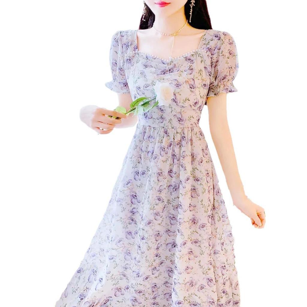 Летнее платье 2024 года во французском стиле с цветочным принтом и рукавами-фонариками — элегантное, стройнящее и молодежное
