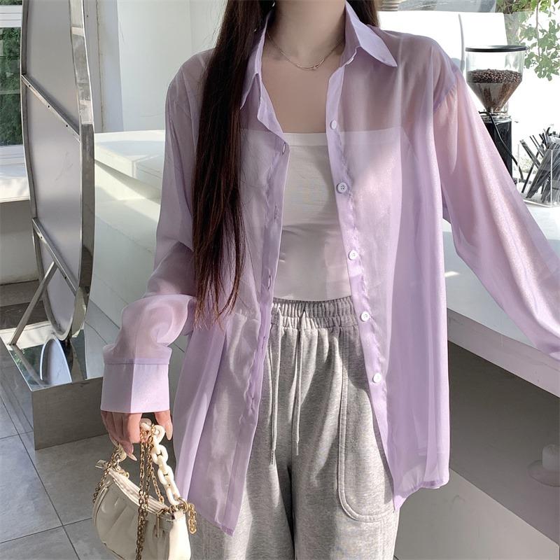 Back Split Lace-up Casual Loose Shirts Women Fashion New See Through Long Sleeve Women's Blouses Thin Breathable Sun Protection Office Lady Tops 26108
