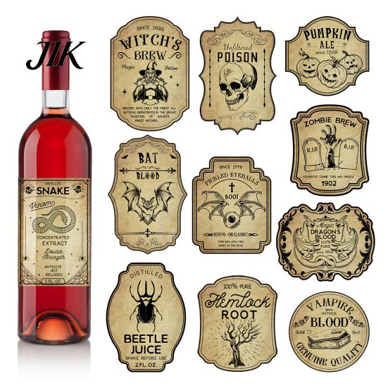 Mystery Style Craft Stickers 12Pcs Halloween Wine Bottle Labels, Vintage Retro with Witch Skull Creative Gift Box Ornament Labels Bat Pumpkin Design,