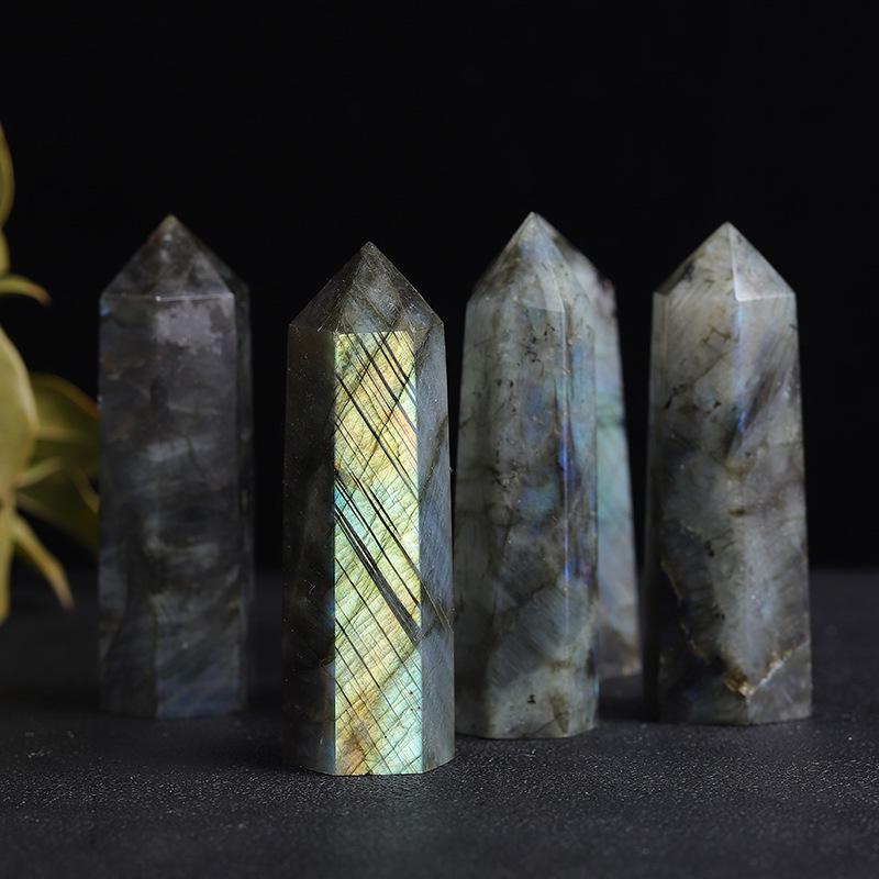 Natural Labradorite & Gray Moonstone Hexagonal Prism Crystal Ornament
