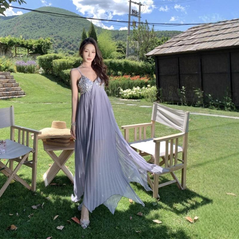 Платье на бретелях Женское Высококлассное Светское Тяжелая Промышленность Плиссированный Воротник Платье Сексуальное Без Спины Талия Слово Длинное Платье