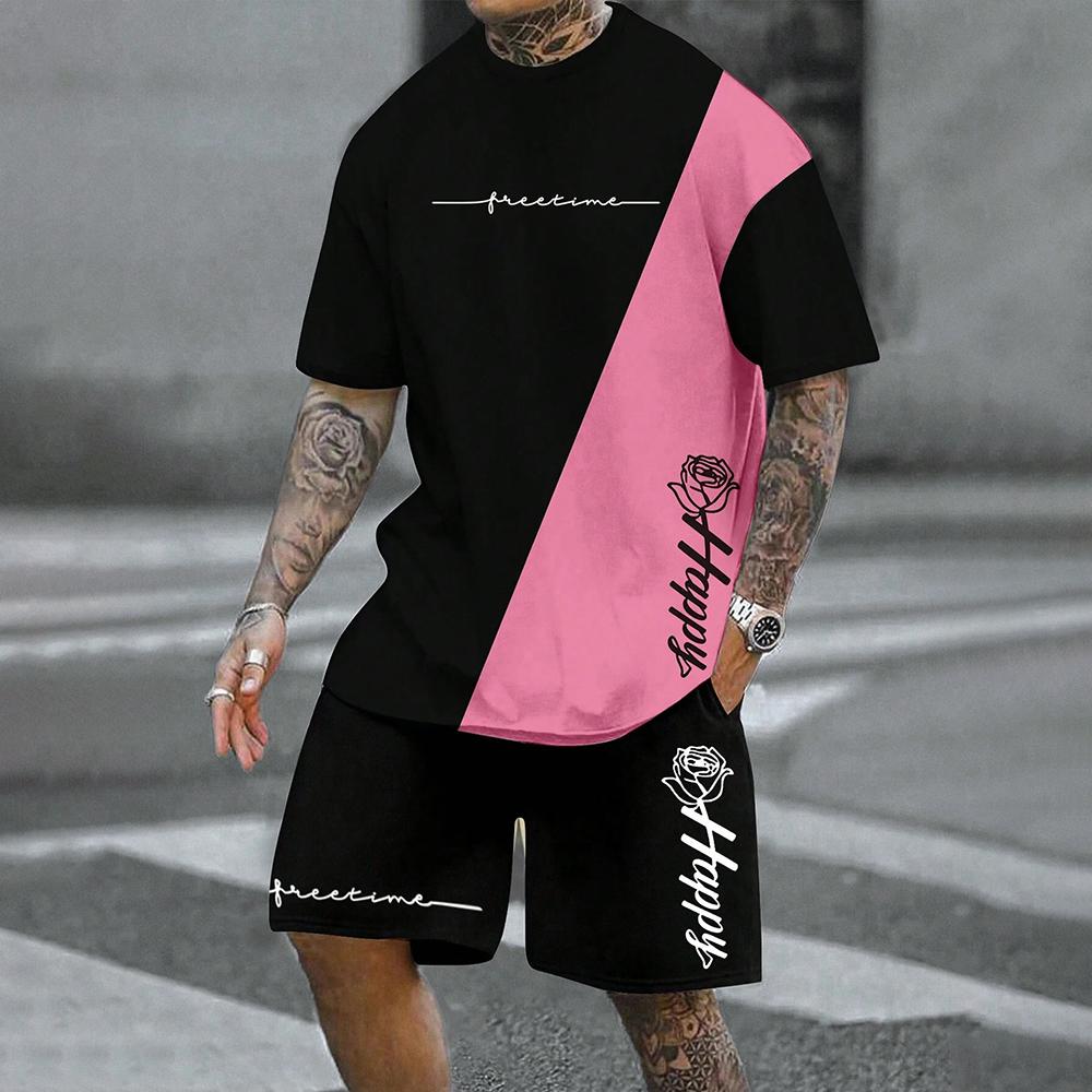 Мужская летняя повседневная футболка с круглым вырезом, коротким рукавом, принтом в виде 3D-букв и цветов, комплект шорт на шнурке, спортивная одежда