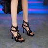 High Heel Sandals Summer New Square Head Shallow Mouth Sequin Back Zipper Waterproof Platform Non-slip Heel Shoes