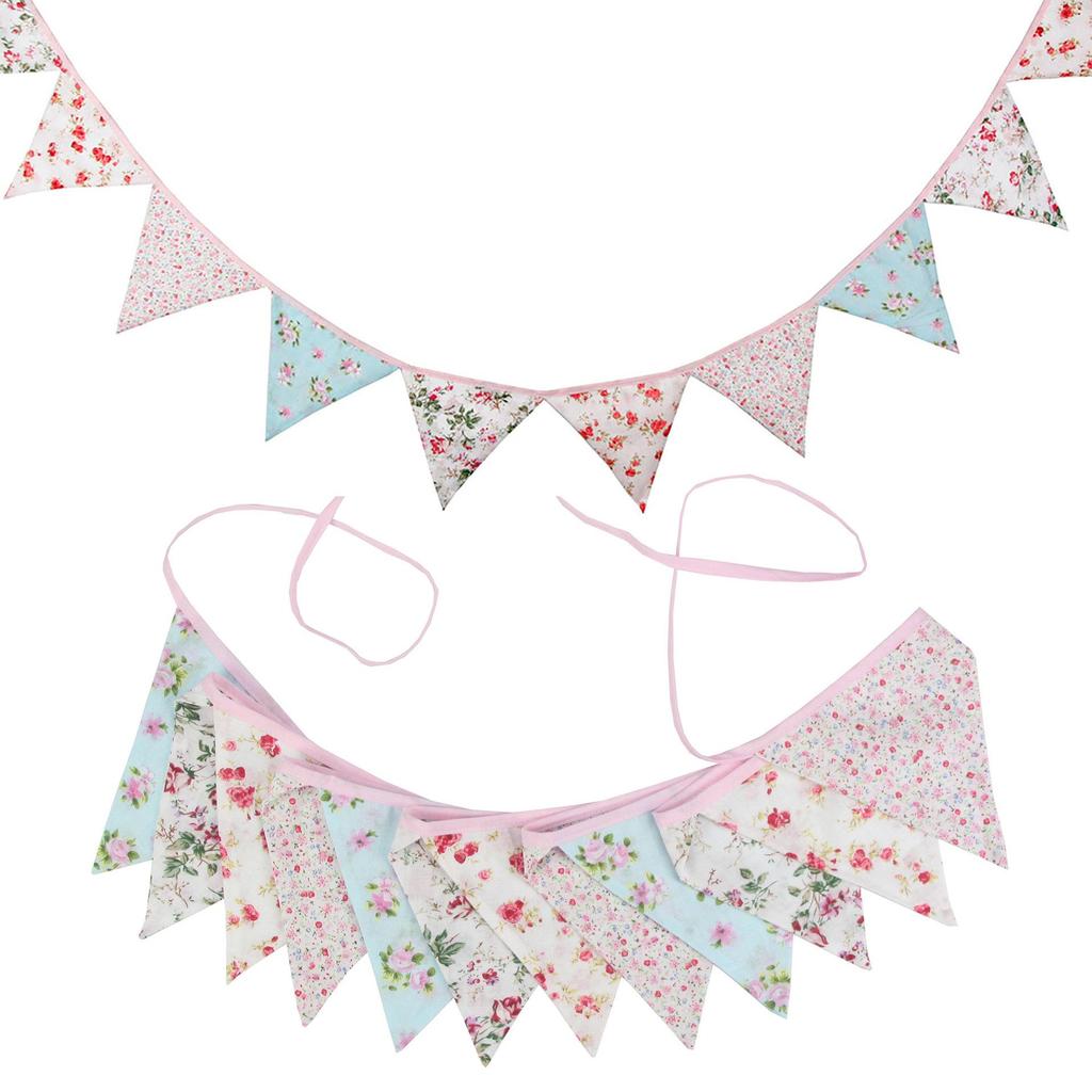 Pink Pastoral Floral Cotton Bunting: Children's Party or Wedding Decoration Hanging Flag