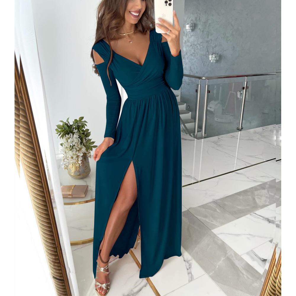 Women's Long Sleeve V Neck Festive Evening Dress with Long Slit