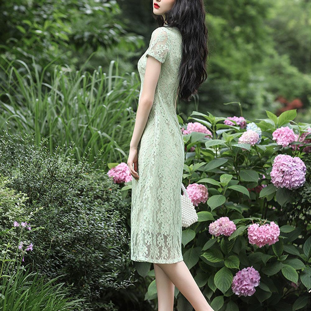 Кружевное повседневное платье Cheongsam средней длины с низким вырезом, облегающее платье больших размеров в китайском стиле Ao Dai