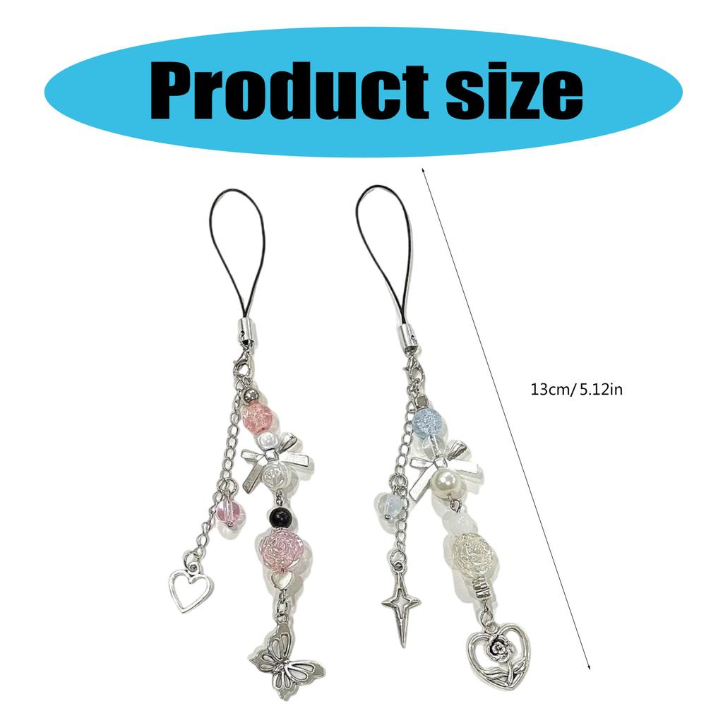 Bowknot Pendant Phone Chain Strap Flower Charm Beaded Keychain Phone Lanyard Acrylic Keyring Bag Ornament Jewelry Gift