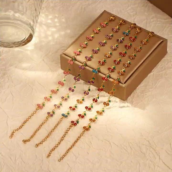 Браслет-колье в виде вишни, винтажное богемное ожерелье из 18-каратного золота, украшенное каплями масла, с фруктами из нержавеющей стали