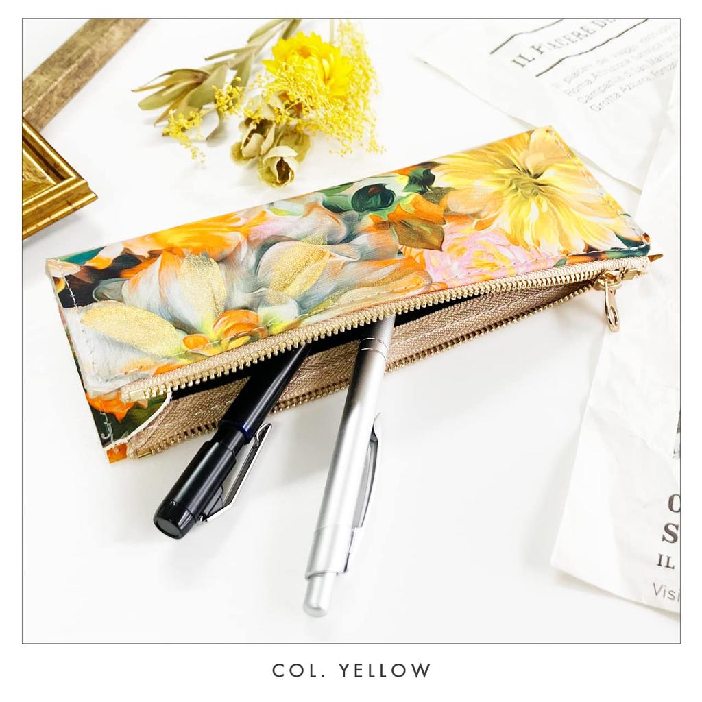 Pencil pencil genuine pen writing made in flower pattern Yellow case, case, leather, leather, holder, stationery, implements, compact, slim, Italy,