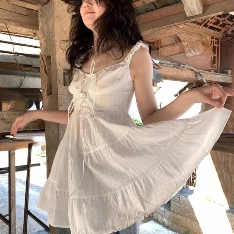 Japanese Cute Bandage Ruffles Dress Women Y2k Aesthetic Sweet Fairy Dresses Summer Sleeveless Elegant Grunge Vestido De Mujer