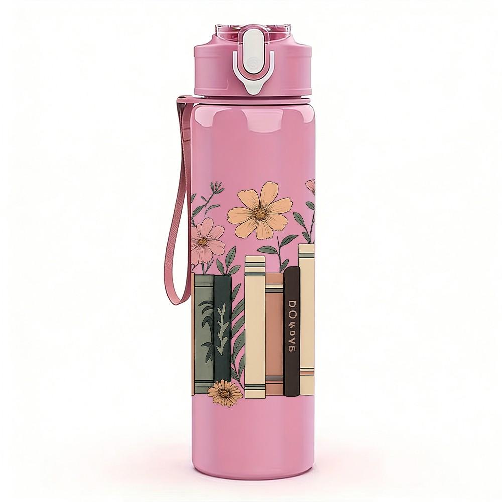 1PC Dried Flower Book Stack Art 750ml Color Plastic Sports Water Bottle Leakproof Flip Straw Lid Suitable for Sports Office Home Use