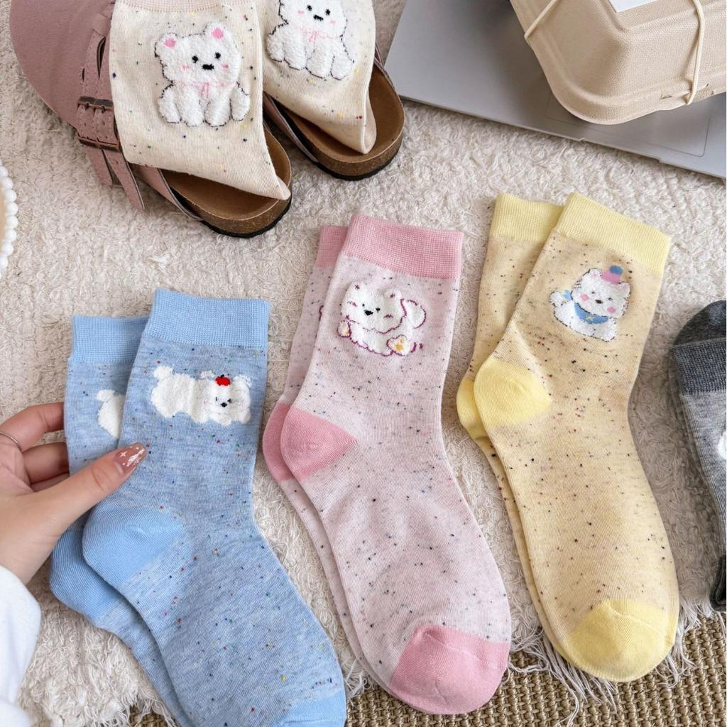 Boneless Cute Cartoon Bear Three-Dimensional Socks Flocked Contrasting Mid-Leg Socks Spring And Autumn Dot Gauze Socks Cotton Piles Of Socks