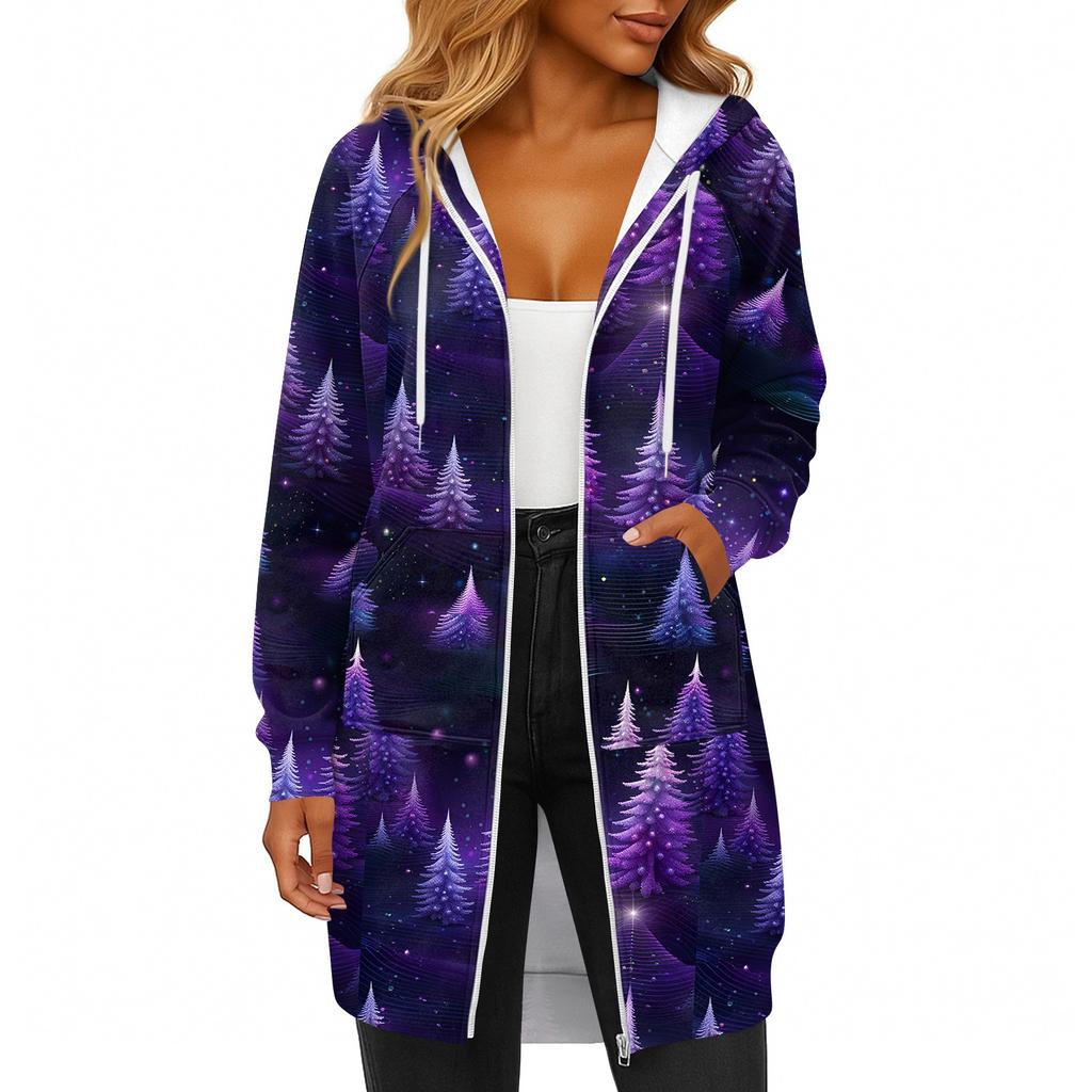 Women's Fashionable Christmas Printed Long Sleeved Drawstring Hooded Zipper Pocket Long Casual Sweatshirt Jacket