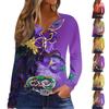 Женская мода повседневная футболка с принтом Марди Гра и V-образным вырезом, длинным рукавом, на пуговицах
