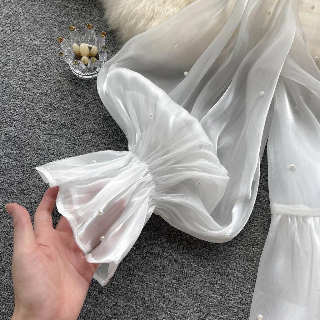 Premium Sense of Niche Design Sense Beading Bow Flare Sleeve Shirt Autumn Women's Clothing Celebrity Temperament Shirt