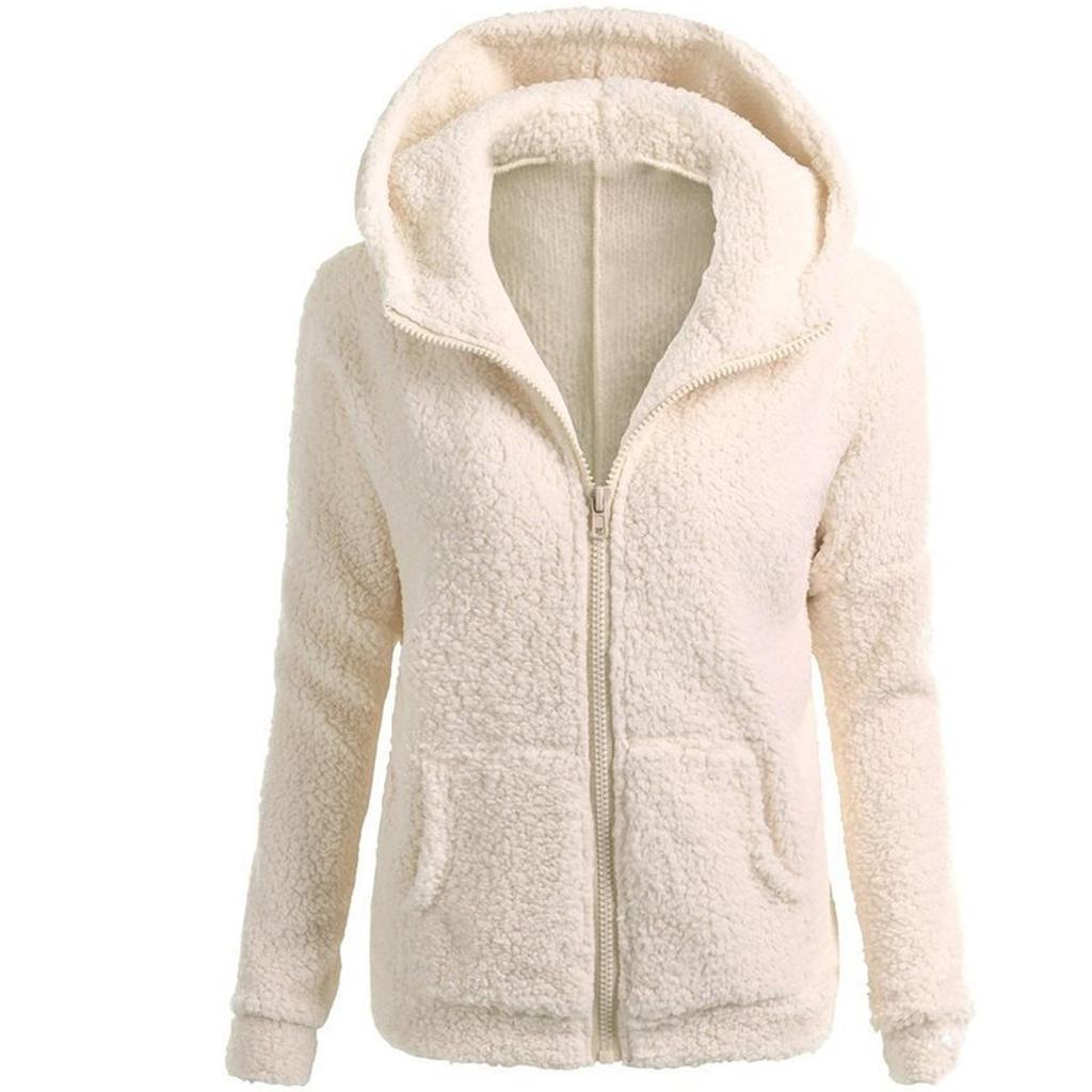 Women's Fashion Solid Colour Sweatshirt Loose Hooded Plush Zip Up Jacket Top