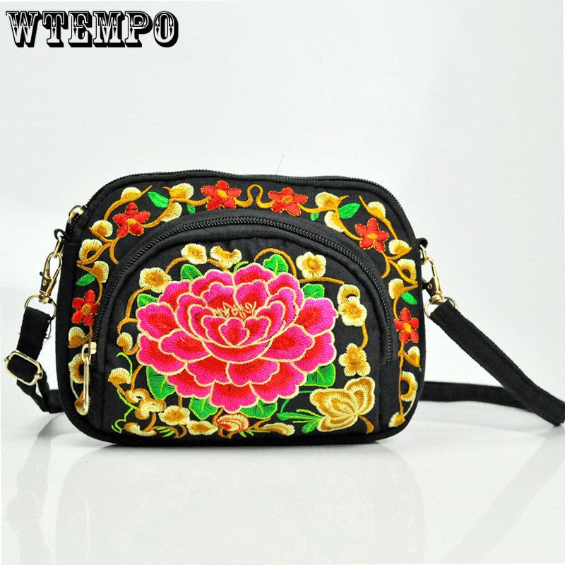 WTEMPO Ethnic Style Flower Bags Women Double-sided Embroidery Canvas Purse Mobile Phone Bag Women's Mini Messenger Bag