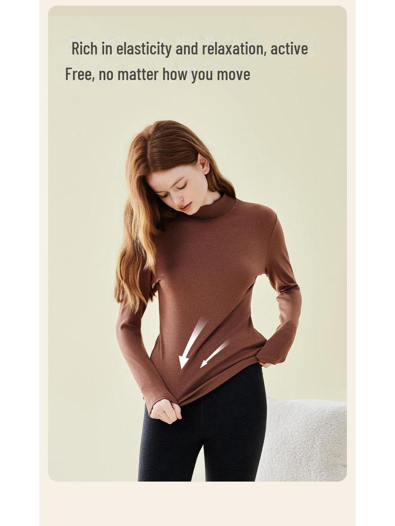 Женская рубашка облегающего кроя из смесовой шерсти со средним вырезом и длинными рукавами на осень/зиму