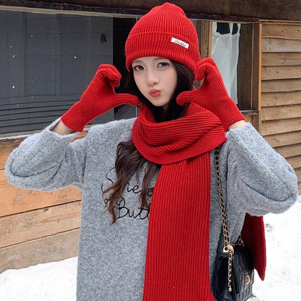 Solid Color Hat Scarf Gloves Set Warm Winter Beanie Hat Neck Protector Thermal Knit Cap  Skiing