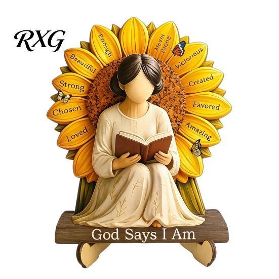 Minimalist Shelf Decor Sculpture Wooden Reading Girl Figurine, Stable Pastoral Style Statue Desktop Base Craft Decor, Artistic Healing Ornament,