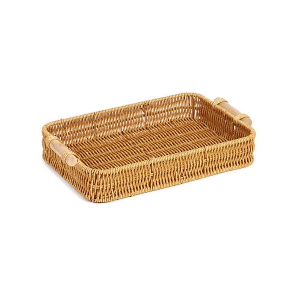 New Handwoven Rattan Basket With Handle Round Shape Storage Tray Breakfast Bread Food Plastic Rattan Threads Basket