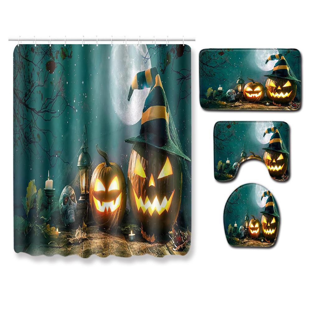 Halloween Shower Curtain Floor Mat Combination Four-Piece Set Bathroom Toilet Carpet Shower Room Foot Mat