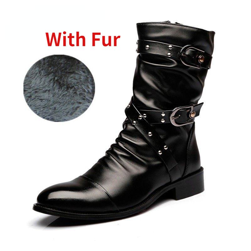 Fashion Winter Pointed Toe Men's Mid-calf Boots Buckle Strap Chelsea Boot for Men Leather Mens Motorcycle Boots High Top Man Winter Shoe