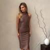 Women's Sleeveless Stand Collar Temperament Slit Dress Slim Solid Color PU Leather Dress