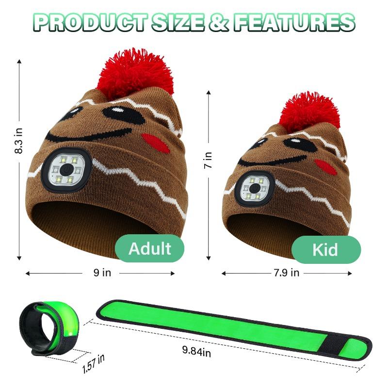 Kids LED Hat USB Rechargeable Headlamp Hat with LED Bracelet Winter Warm Knitted Night Light Hat Suitable for Camping Running Walking